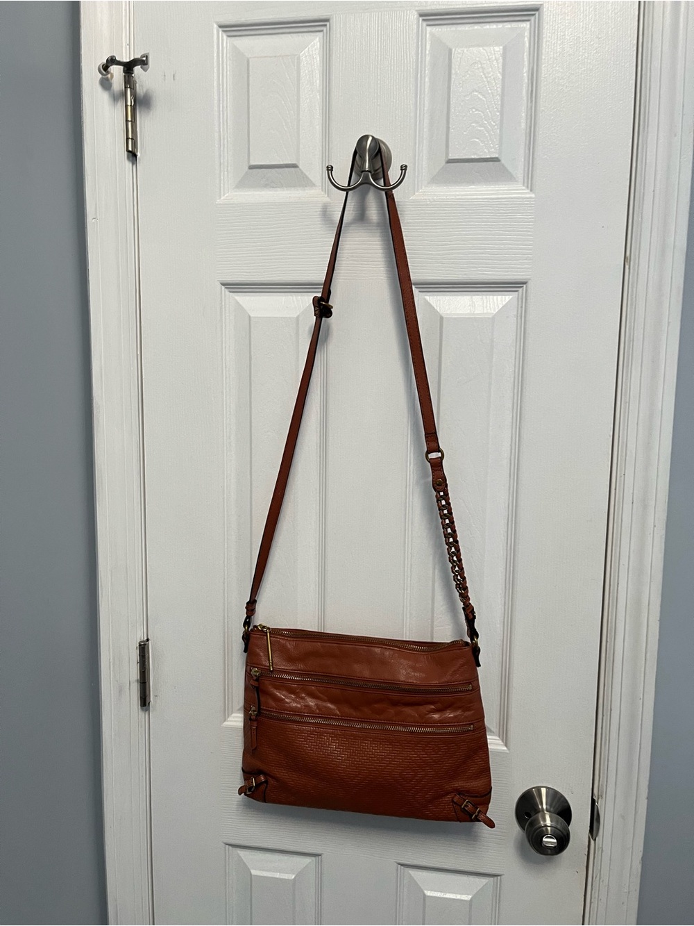 Elliott Lucca Messina Brown Leather Utility Crossbody Bag Chain Gold Hardware